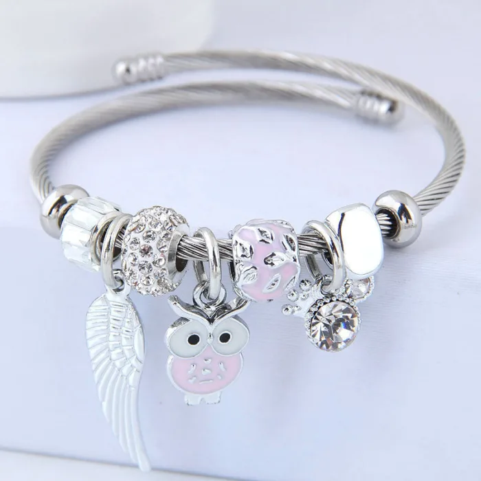 DIY Beaded Owl Angel Wings Pendant Stainless Steel Bracelet - Image 5