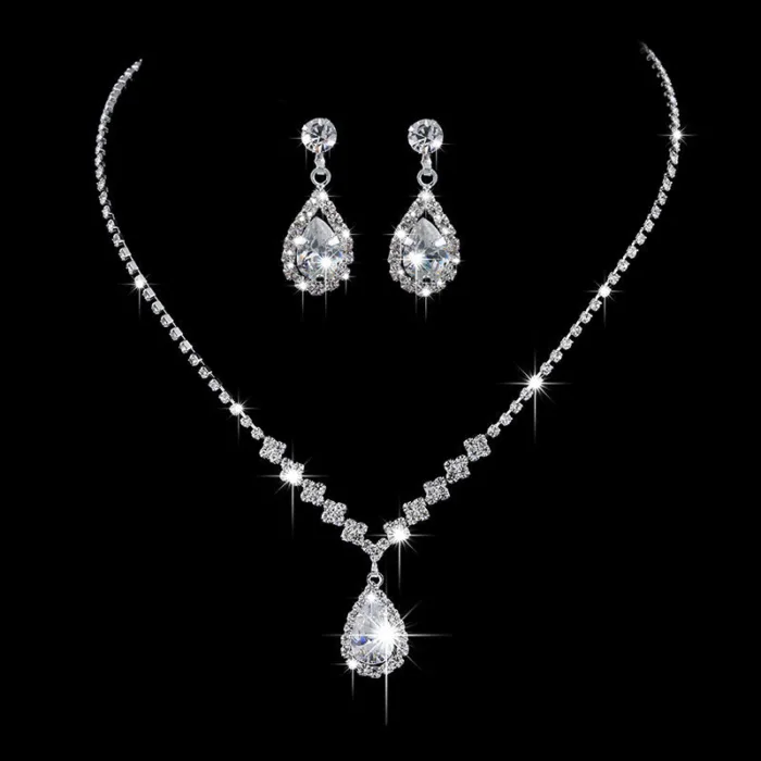 Full Rhinestone Zircon Water Drop Necklace Earrings Jewelry Set - Image 6