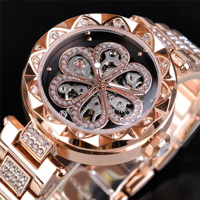 Forsining Mechanical Automatic Ladies Watches Top Brand Luxury Rhinestone Female Wrist Watches Rose Gold Stainless Steel Clock - Image 3