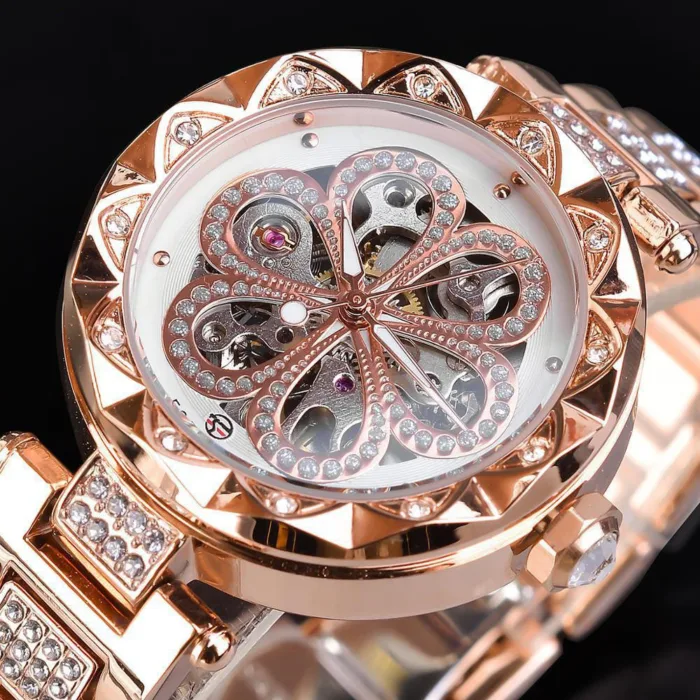 Forsining Mechanical Automatic Ladies Watches Top Brand Luxury Rhinestone Female Wrist Watches Rose Gold Stainless Steel Clock - Image 4