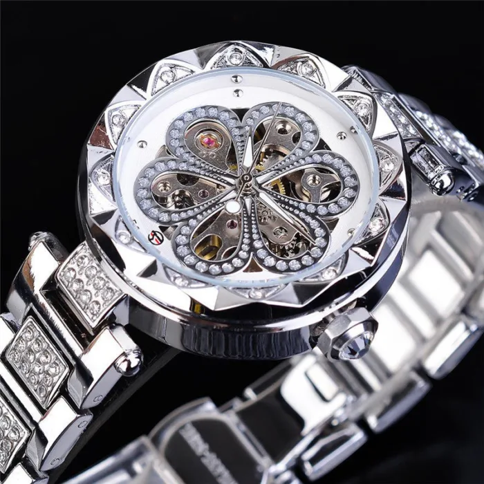 Forsining Mechanical Automatic Ladies Watches Top Brand Luxury Rhinestone Female Wrist Watches Rose Gold Stainless Steel Clock - Image 5