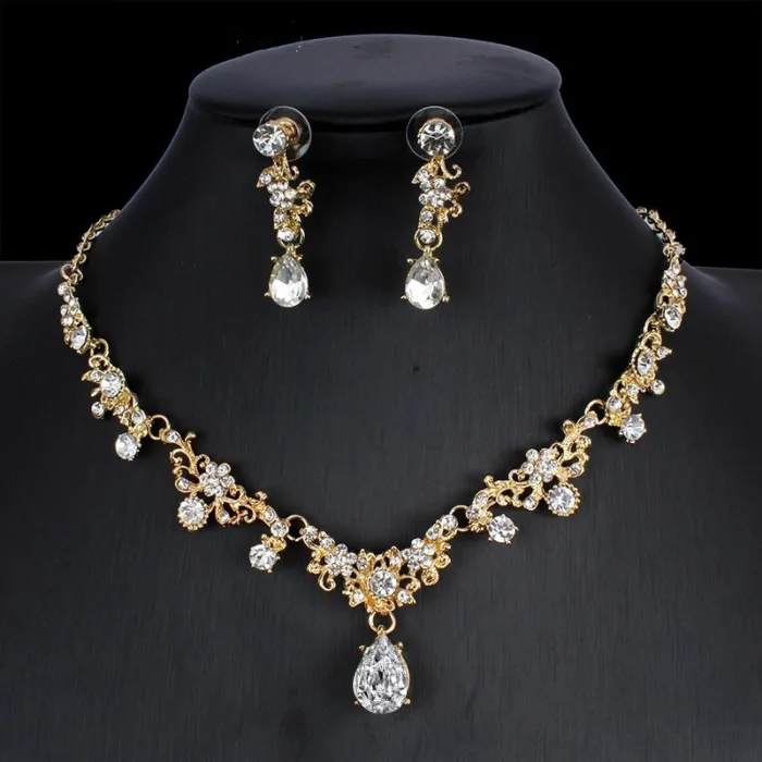 Golden Zircon Jewelry Set Bridal Necklace Earrings Wedding Two-piece Set - Image 3