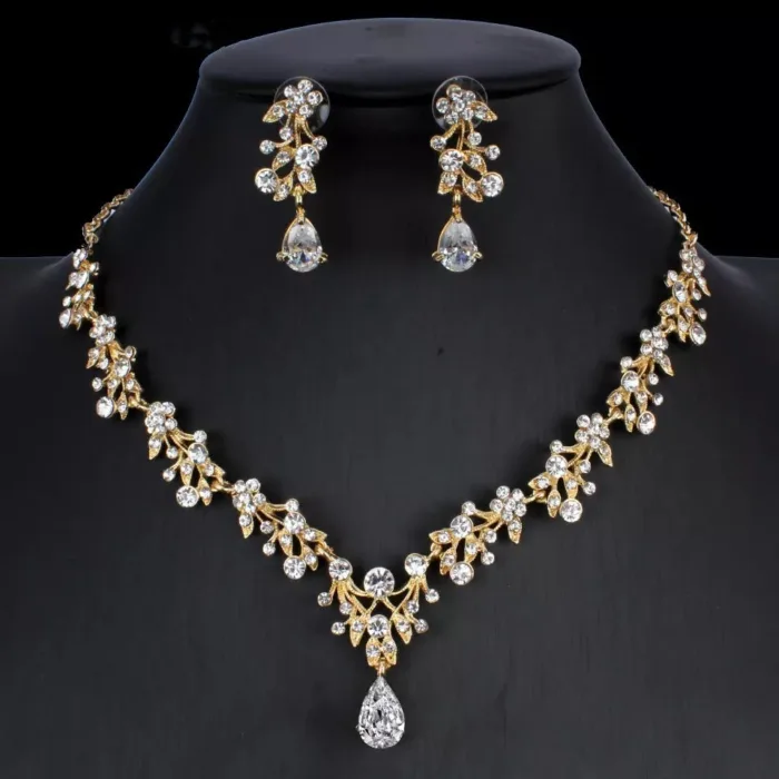 Golden Zircon Jewelry Set Bridal Necklace Earrings Wedding Two-piece Set - Image 2