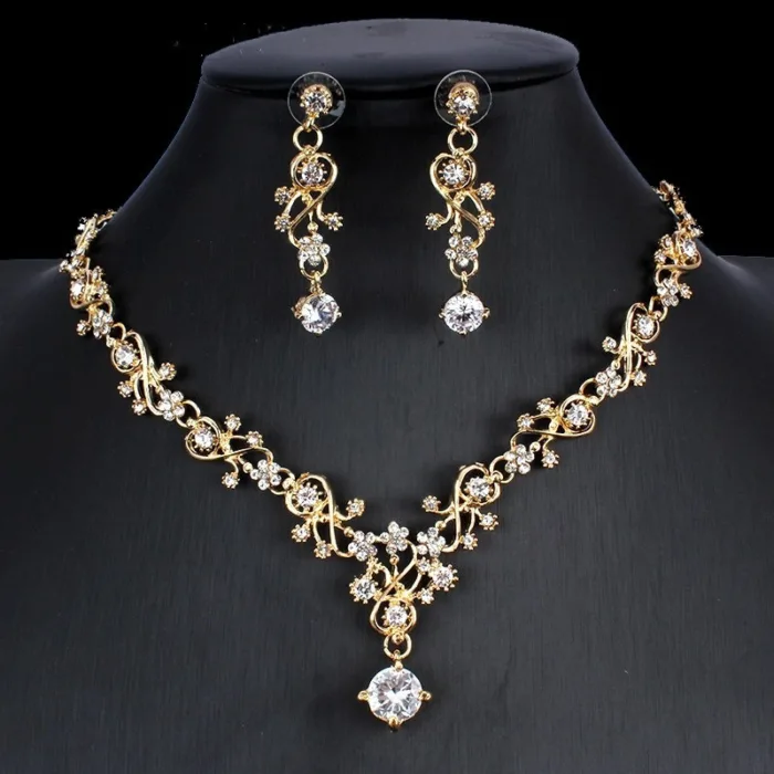 Golden Zircon Jewelry Set Bridal Necklace Earrings Wedding Two-piece Set - Image 5