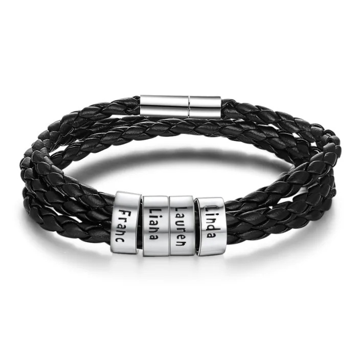 Personalized Mens Braided Genuine Leather Bracelet Stainless Steel Custom Beads Name Charm Bracelet For Men With Family Names - Image 56