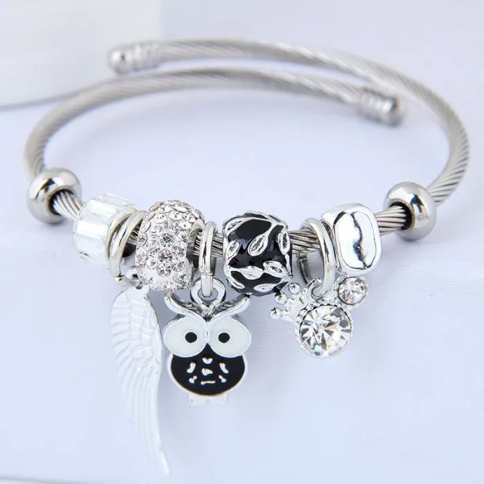 DIY Beaded Owl Angel Wings Pendant Stainless Steel Bracelet - Image 4