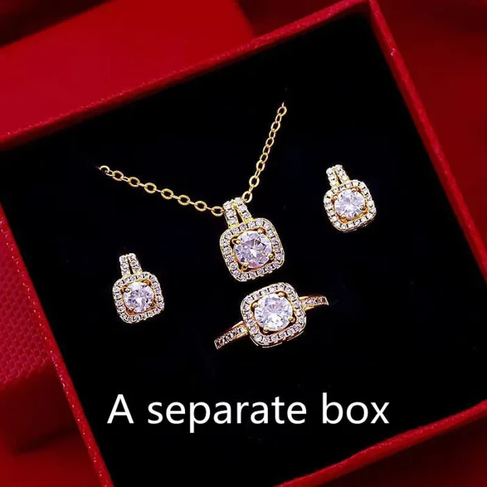 Fashion Jewelry Set Zircon Gem Pendant Chain Choker Necklace For Women Gold Color Stud Earring Statement Wedding Ring - Image 8