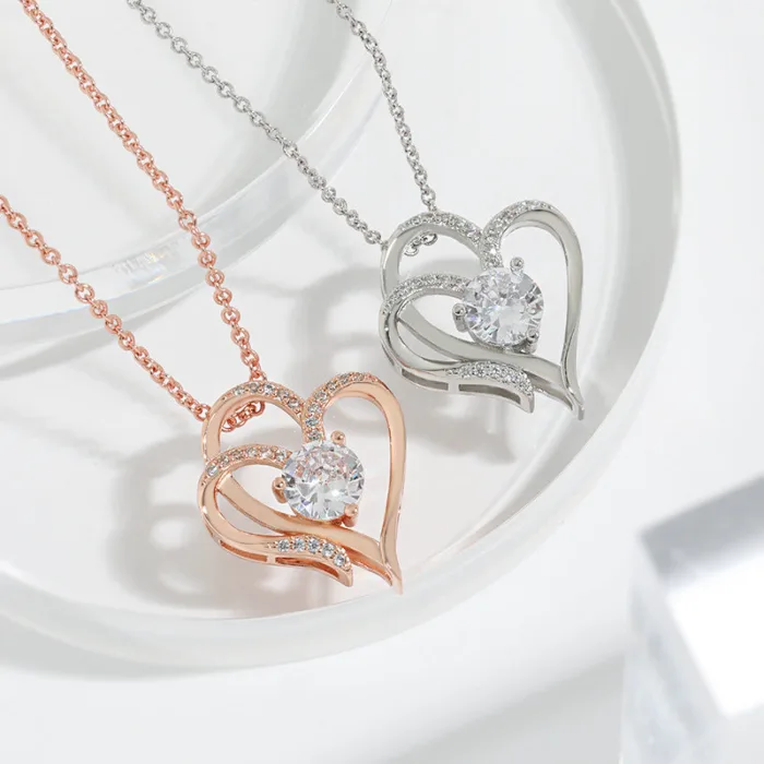 Zircon Double Love Necklace With Rhinestones Ins Personalized Heart-shaped Necklace Clavicle Chain Jewelry For Women Valentine's Day - Image 3