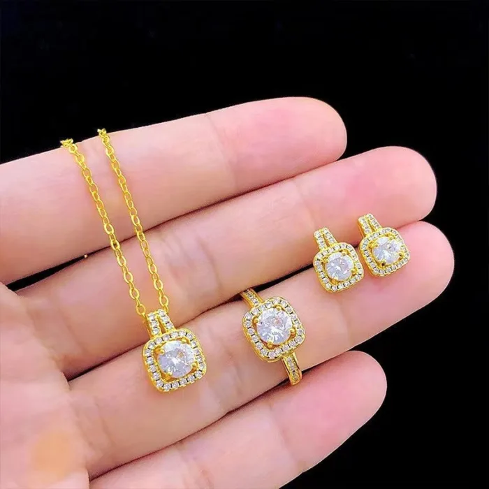 Fashion Jewelry Set Zircon Gem Pendant Chain Choker Necklace For Women Gold Color Stud Earring Statement Wedding Ring - Image 2