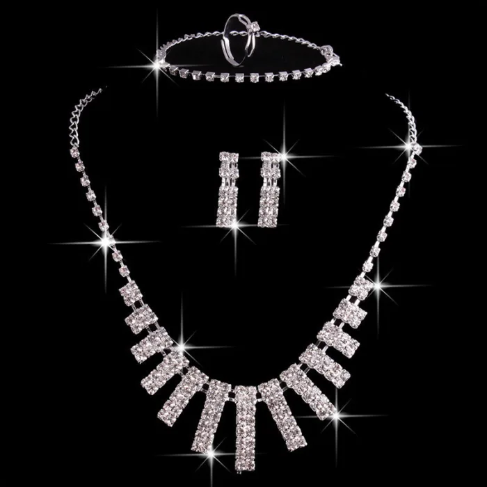 4 Pieces Rhinestones Necklace Set With Earrings Ring And Bracelet Fashion Jewelry For Women - Image 6