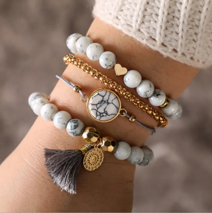 Geometric Creative Hollow Fringed Pine Stone Bracelet Four-piece - Image 6