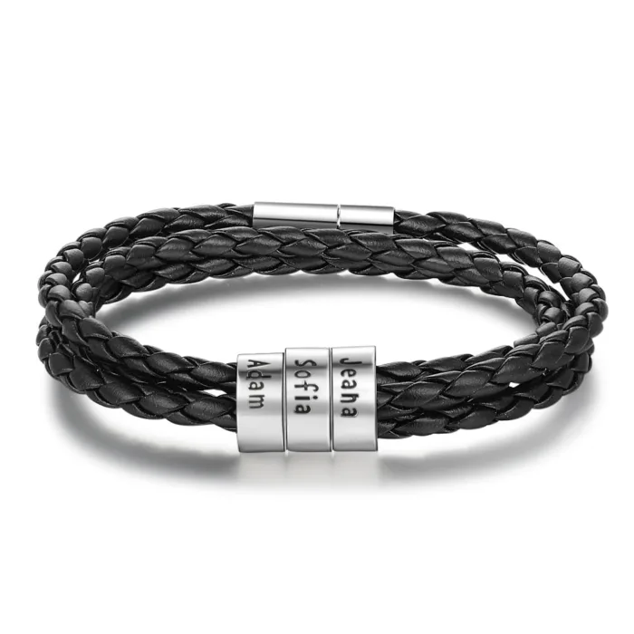 Personalized Mens Braided Genuine Leather Bracelet Stainless Steel Custom Beads Name Charm Bracelet For Men With Family Names - Image 67