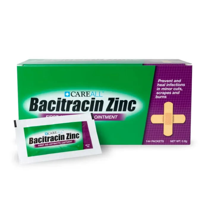 CareAll Bacitracin Antibiotic Zinc Ointment 0.9gr Foil Packet (144 Pack). First Aid Ointment to Prevent and Heal Infections for Minor Cuts, Scrapes and Burns.