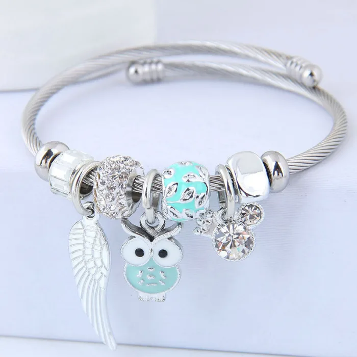 DIY Beaded Owl Angel Wings Pendant Stainless Steel Bracelet - Image 2