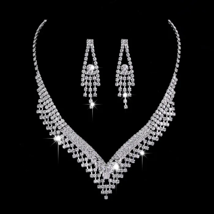 Full Rhinestone Zircon Water Drop Necklace Earrings Jewelry Set - Image 3