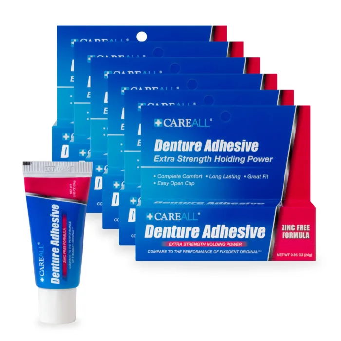 CareAll Denture Adhesive 0.85 oz. (Pack of 6), Zinc Free Formulation, Original Maximum Hold, Contains Natural Ingredients. Travel Size Bulk Value Pack