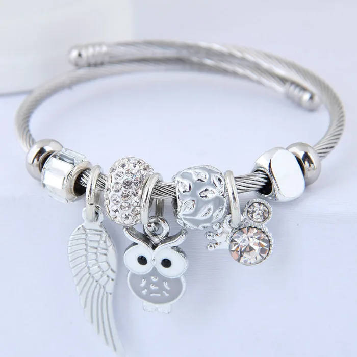 DIY Beaded Owl Angel Wings Pendant Stainless Steel Bracelet - Image 3