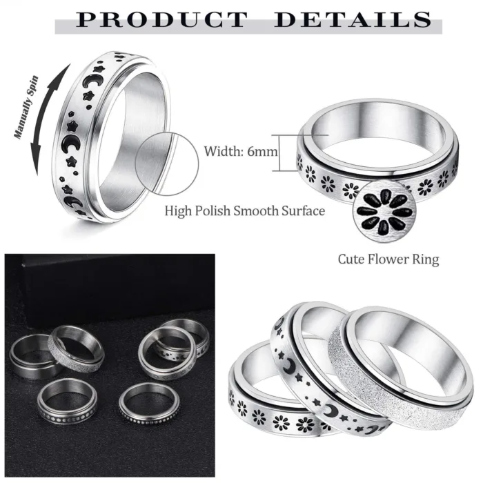 Stainless Steel Rotatable Spinner Ring Moon Stars Relieve Anxiety Rings - Image 2