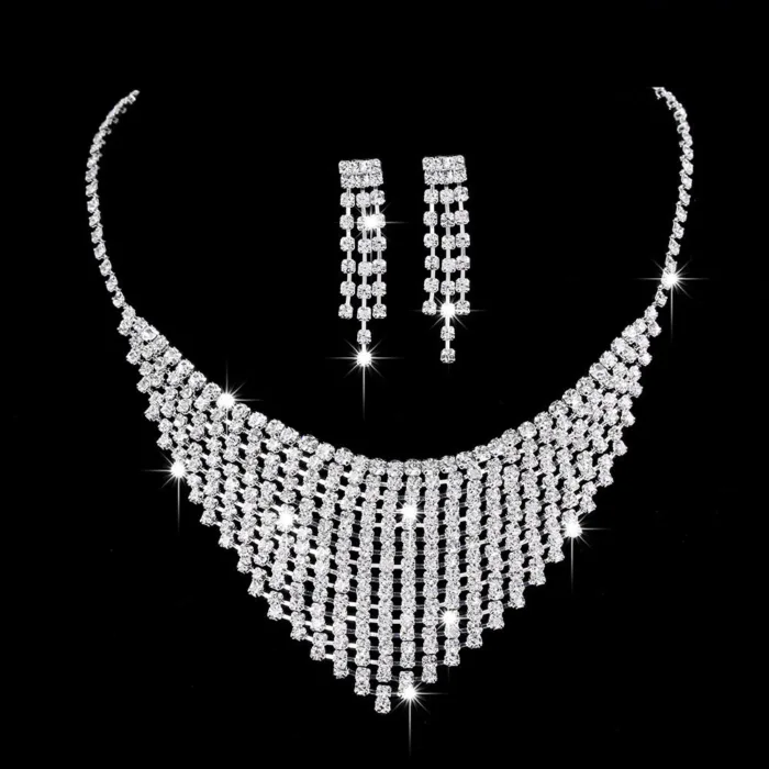 Full Rhinestone Zircon Water Drop Necklace Earrings Jewelry Set - Image 2