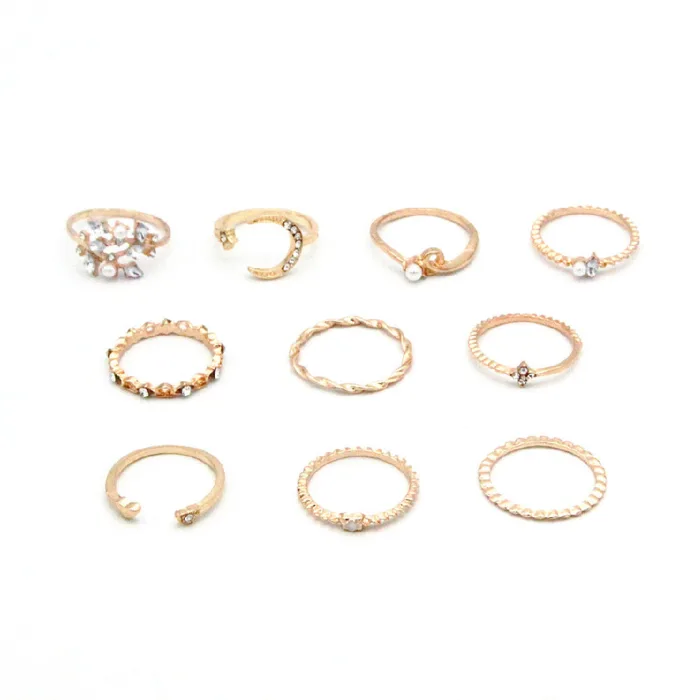 Bohemian Fashion Star Moon Love Pearl Leaf 10-Piece Ring - Image 2