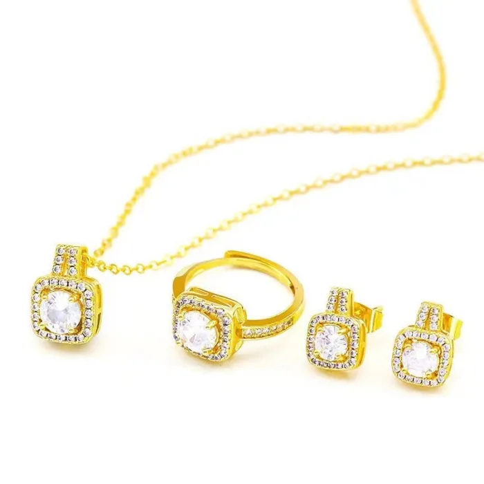 Fashion Jewelry Set Zircon Gem Pendant Chain Choker Necklace For Women Gold Color Stud Earring Statement Wedding Ring - Image 6