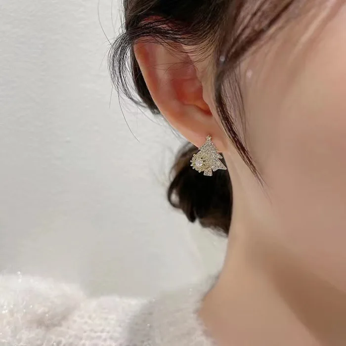 Rotatable Christmas Tree Earrings Shiny Rhinestone Snowflake Stud Earring New Year Xmas Festival Ear Jewelry Gifts Autumn And Winter - Image 4