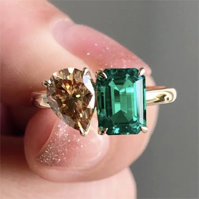 Fashion Jewelry Creative Double Main Stone Lady Green Yellow Zircon Square Stone Ring Female Luxury Crystal Engagement Ring Classic Gold Color Wedding Rings For Women Minimalist Bands - Image 3