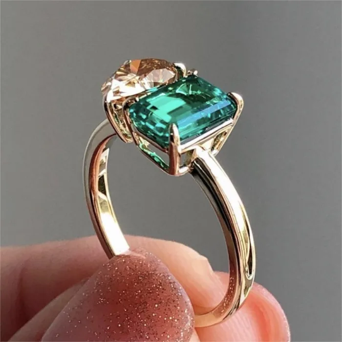 Fashion Jewelry Creative Double Main Stone Lady Green Yellow Zircon Square Stone Ring Female Luxury Crystal Engagement Ring Classic Gold Color Wedding Rings For Women Minimalist Bands - Image 4