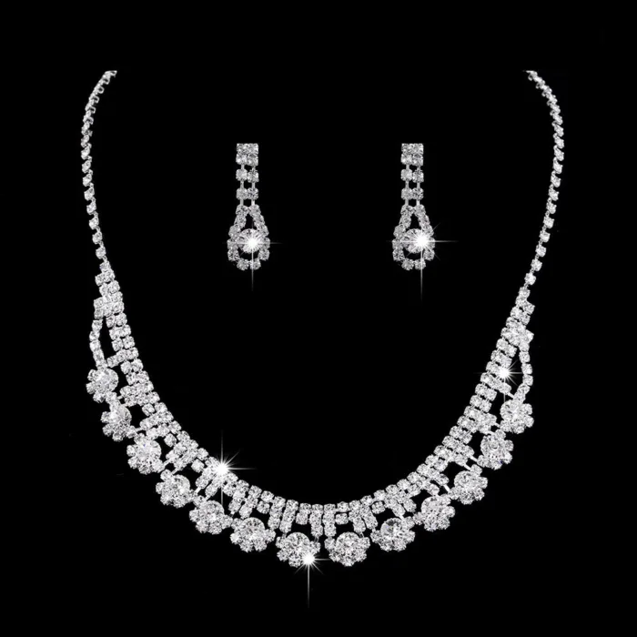 Full Rhinestone Zircon Water Drop Necklace Earrings Jewelry Set - Image 4