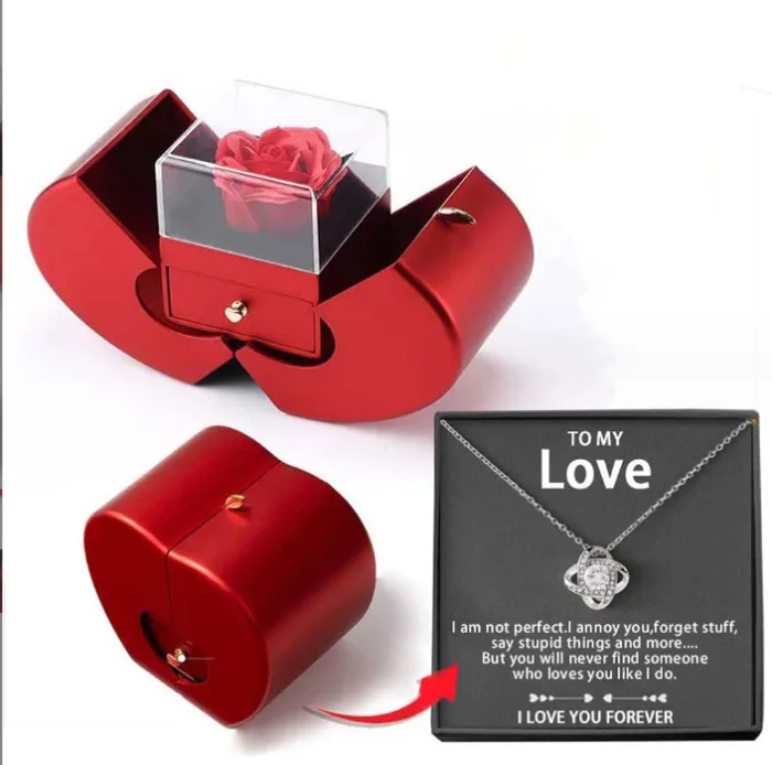 Fashion Jewelry Box Red Apple Christmas Gift Necklace Eternal Rose For Girl Mother's Day Valentine's Day Gifts With Artificial Flower Rose Flower Jewelry Box - Image 17