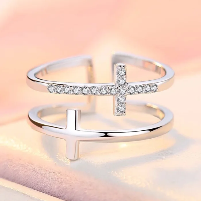 Double Cross Miniature Copper Inlaid Zircon Ring - Image 5